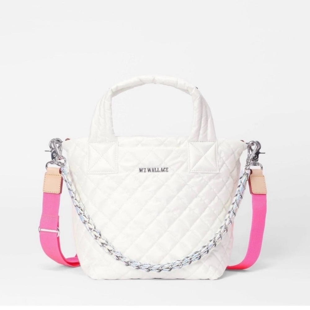 MZ Wallace Metro Deluxe Mini Iridescent Tote w/Hot Pink Strap&Silver Chain-RARE